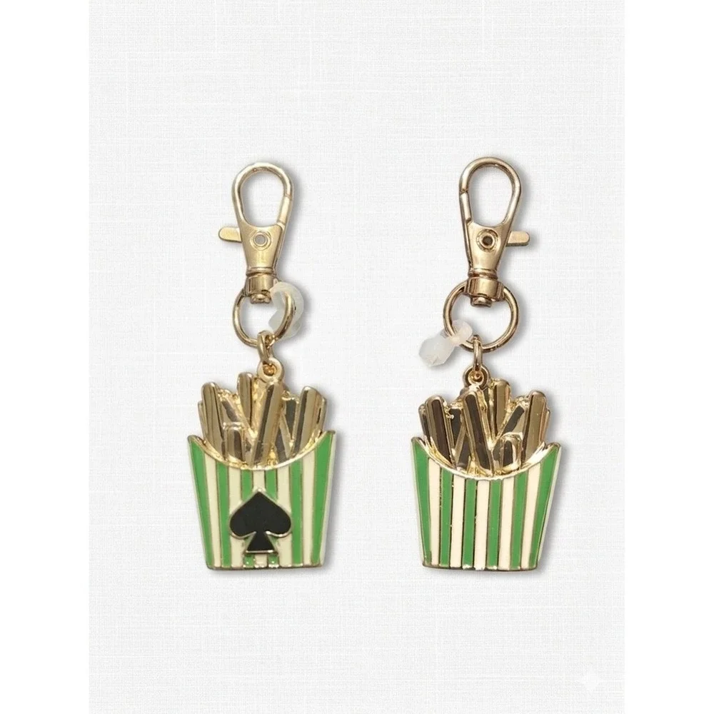 Kate Spade New York French Fry Bag Charm Keychain Green Cream Gold Enamel Logo